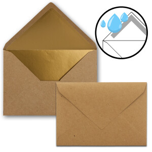 Kuverts in Kraftbraun- 100 Stück - Brief-Umschläge DIN C6 - 11,4 x 16,2 cm - Naßklebung - Gold-Metallic Fütterung - ohne Fenster für Einladungen