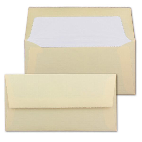 50 Stück DIN Lang Vintage gefütterte Briefumschläge, Büttenpapier, 11 x 22 cm, Elfenbein halbmatt weiß gefütterte Brief-Kuverts