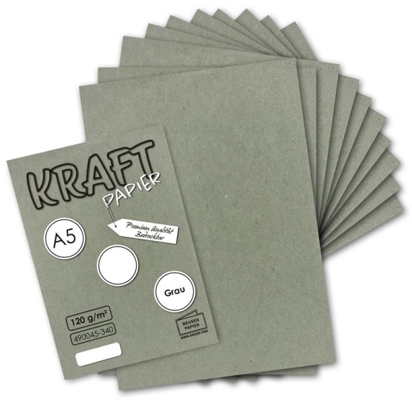 100 Blatt - Vintage Kraftpapier in Grau DIN A5 120 g/m² graues Recycling-Papier - 21 x 14,8 cm - ökologische Brief-Bogen - Briefpapier - NEUSER PAPIER