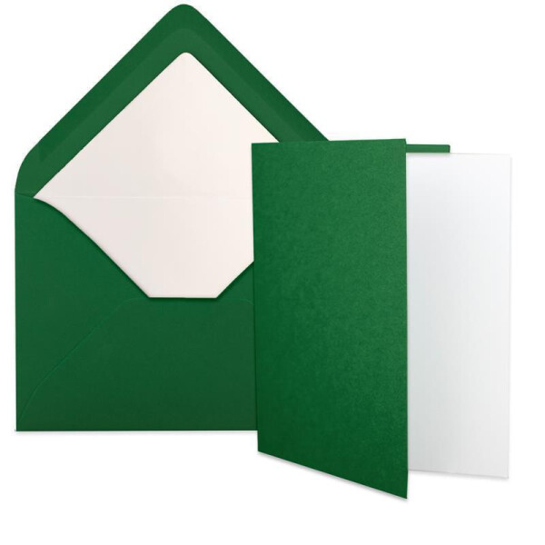 25x Stück Karten Set in Dunkelgrün (Grün) Faltkarte DIN A6 mit passendem Einlegeblatt in Weiß und Umschlag DIN C6 mit weißem Seidenfutter