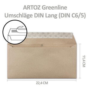 ARTOZ 250 x Briefumschläge DIN LANG - Farbe: dessert (hellbraun cappuccino) - 11,4 x 22,4 cm - mit Haftklebung und Abziehstreifen - Serie Greenline