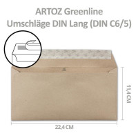 ARTOZ 250 x Briefumschläge DIN LANG - Farbe: dessert (hellbraun cappuccino) - 11,4 x 22,4 cm - mit Haftklebung und Abziehstreifen - Serie Greenline