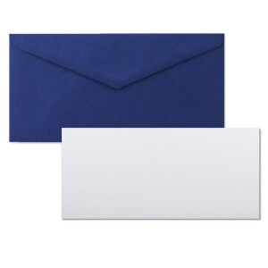 50x Stück Karte mit Umschlag Set Einzel-Karten Din Lang 9,9 x 21 cm Hochweiß mit Brief-Umschlägen DIN Lang 11 x 22 cm Dunkelblau Nassklebung