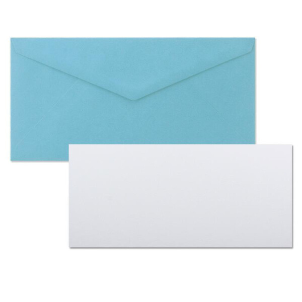 150x Stück Karte mit Umschlag Set Einzel-Karten Din Lang 9,9 x 21 cm Hochweiß mit Brief-Umschlägen DIN Lang 11 x 22 cm Hellblau Nassklebung