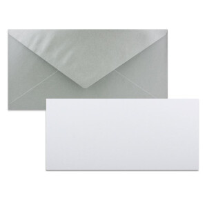 250x Stück Karte mit Umschlag Set Einzel-Karten Din Lang 9,9 x 21 cm Hochweiß mit Brief-Umschlägen DIN Lang 11 x 22 cm Silber Metallic Nassklebung