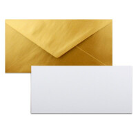 25x Stück Karte mit Umschlag Set Einzel-Karten Din Lang 9,9 x 21 cm Hochweiß mit Brief-Umschlägen DIN Lang 11 x 22 cm Gold Metallic Nassklebung