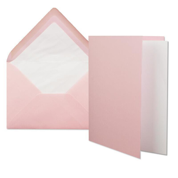 25x Stück Karten Set in Rosa Faltkarte DIN A6 mit passendem Einlegeblatt in Weiß und Umschlag DIN C6 mit weißem Seidenfutter