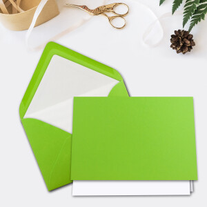 200x Stück Karten Set in Hellgrün (Grün) Faltkarte DIN A6 mit Einlegeblatt in Weiß und Umschlag DIN C6 mit weißem Seidenfutter