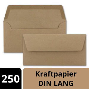 250x Kraftpapier Umschläge DIN Lang - Braun ÖKO - Nassklebung 11 x 22 cm - 120 g/m² breite Verschluss-Lasche - Recycling Papier - von NEUSER PAPIER