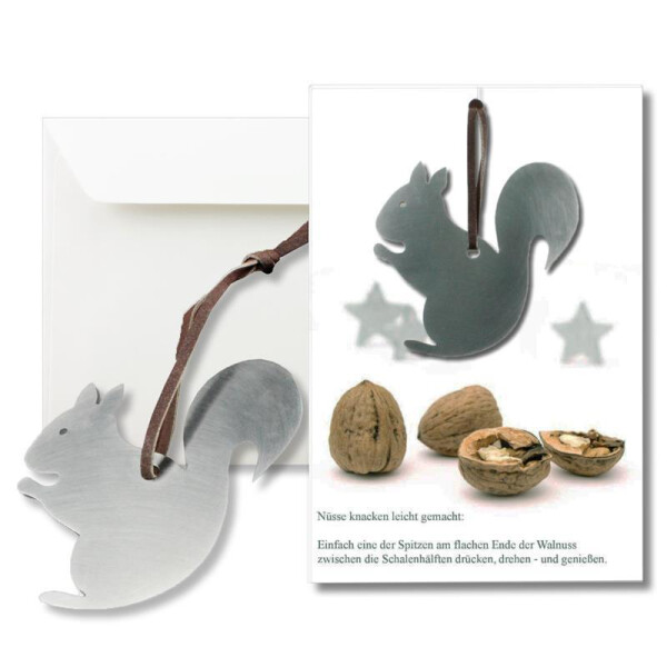 Grußkarte mit echtem Edelstahl-Nussknacker Form Eichhörnchen und Lederband inklusive Umschlag in Naturweiß Format DIN B6