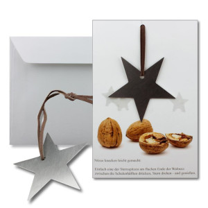 2x Grußkarten mit echtem Edelstahl-Nussknacker Form Stern und Lederband inklusive Umschlägen in Naturweiß Format DIN B6