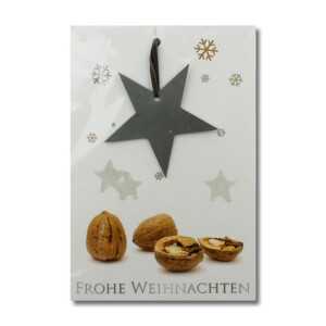 5x Grußkarten Doppelkarten mit echtem Edelstahl-Nussknacker Form Stern und Lederband inklusive Umschlägen in Naturweiß Format DIN B6