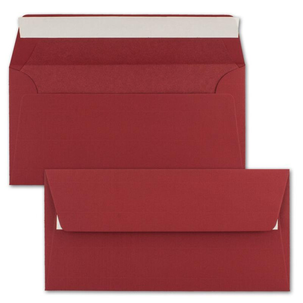 250x Briefumschläge DIN Lang 11 x 22 cm gerippt in Dunkelrot gefüttert mit rotem Seiden-Papier 110 g/m² Haftklebung