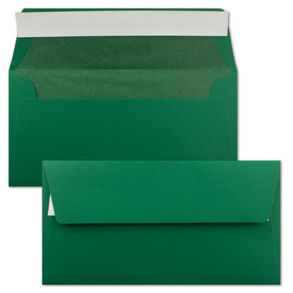 75x Briefumschläge DIN Lang 11 x 22 cm gerippt in Dunkelgrün gefüttert mit grünem Seiden-Papier 110 g/m² Haftklebung