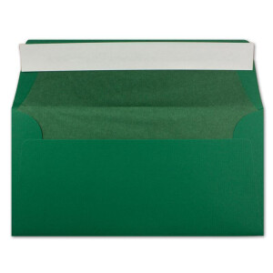 75x Briefumschläge DIN Lang 11 x 22 cm gerippt in Dunkelgrün gefüttert mit grünem Seiden-Papier 110 g/m² Haftklebung
