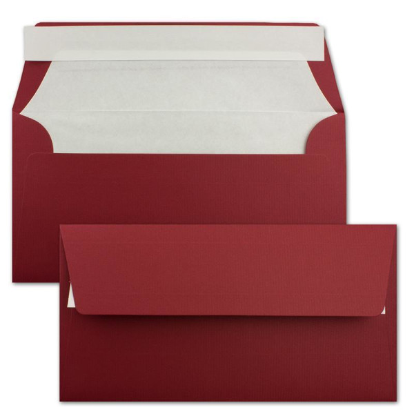 25x Briefumschläge DIN Lang 11 x 22 cm gerippt in Dunkelrot gefüttert mit weißem Seiden-Papier 110 g/m² Haftklebung