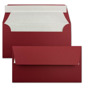 50x Briefumschläge DIN Lang 11 x 22 cm gerippt in Dunkelrot gefüttert mit weißem Seiden-Papier 110 g/m² Haftklebung