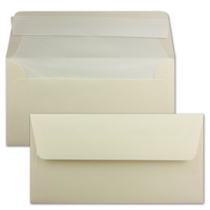 100x Briefumschläge DIN Lang 11 x 22 cm gerippt in Creme gefüttert mit weißem Seiden-Papier 110 g/m² Haftklebung