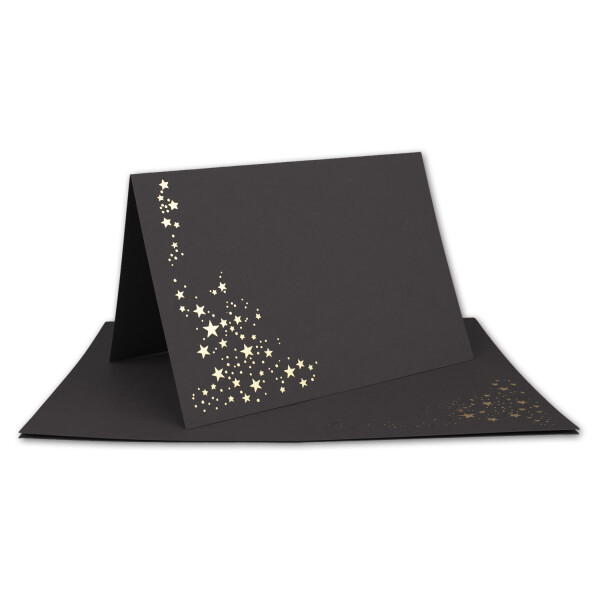 25x Faltkarten DIN A6 - Schwarz mit goldenen Metallic Sternen - 10,5 x 14,8 cm - Einladungskarten zu Weihnachten - Marke: FarbenFroh by GUSTAV NEUSER
