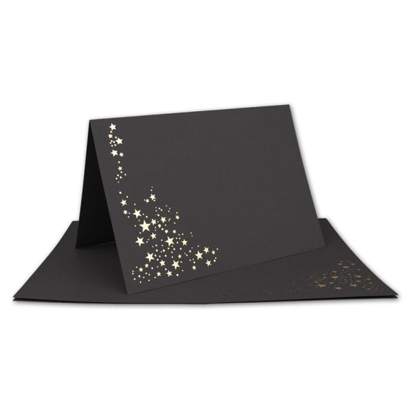 Faltkarten DIN B6 - Schwarz mit goldenen Metallic Sternen - 50 Stück - 11,5 x 17 cm - blanko für Drucker geeignet Ideal für Weihnachtskarten - Marke: NEUSER FarbenFroh