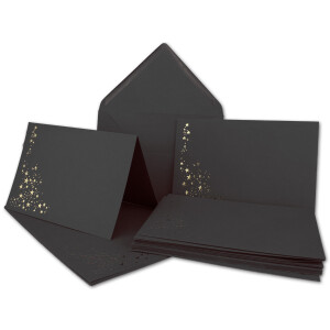 Faltkarten-Set mit Umschlägen DIN C6 A6 - Schwarz mit goldenen Metallic Sternen - 10 Sets - für Drucker geeignet Ideal für Weihnachtskarten