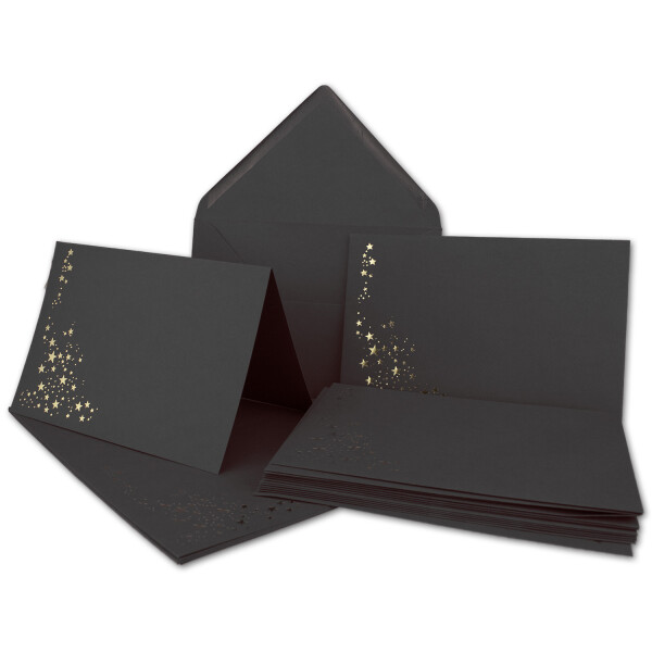Faltkarten-Set mit Umschlägen DIN C6 A6 - Schwarz mit goldenen Metallic Sternen - 30 Sets - für Drucker geeignet Ideal für Weihnachtskarten