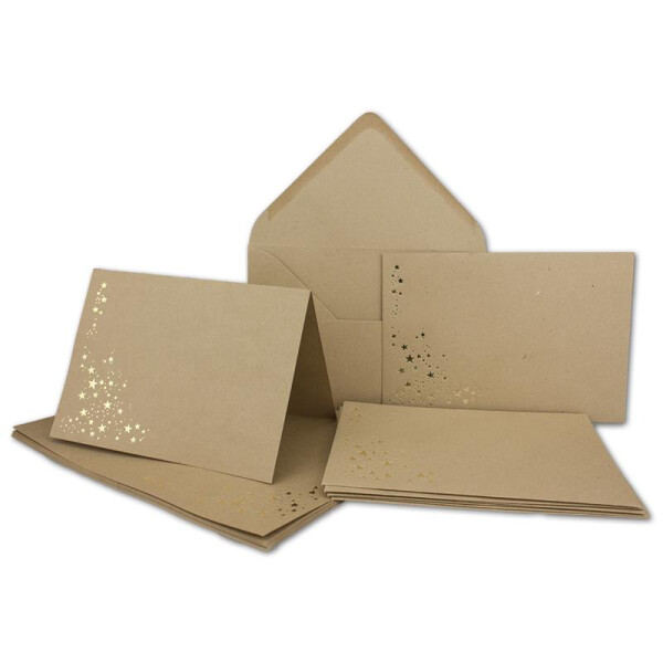 40x Faltkarten-Set mit Umschlägen DIN B6 - Kraftpapier (Braun)mit goldenen Metallic Sternen - 11,5 x 17 cm - bedruckbar - Ökopapier Naturpapier