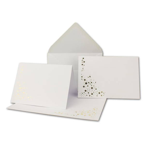 50x Faltkarten-Set mit Umschlägen DIN B6 - Naturweiß (Weiß) mit goldenen Metallic Sternen - 11,5 x 17 cm - bedruckbar - Ideal für Weihnachtskarten