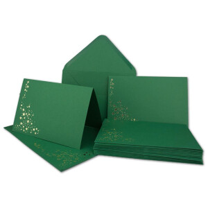 75x Faltkarten-Set mit Umschlägen DIN B6 - Dunkelgrün (Grün) mit goldenen Metallic Sternen - 11,5 x 17 cm - bedruckbar - Ideal für Weihnachtskarten