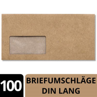 100 x Kraftpapier Umschläge DIN Lang - mit BIO Fenster kompostierbar - Haftklebung 11,4 x 22,9 cm - Briefumschläge aus Recycling Papier - von NEUSER PAPIER