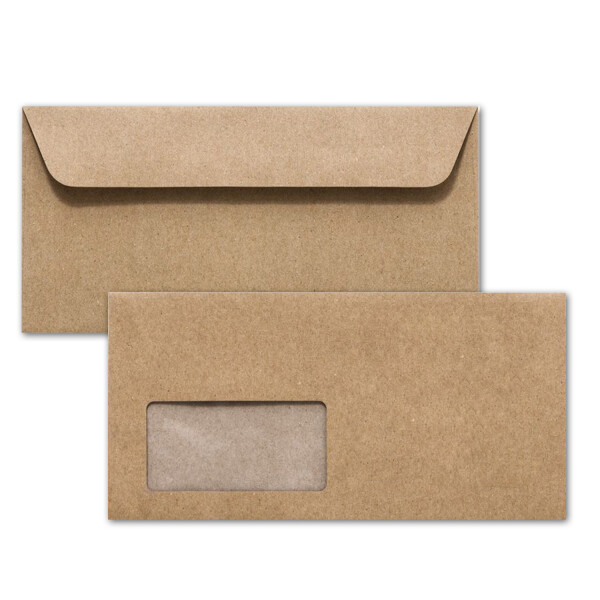 400 x Kraftpapier Umschläge DIN Lang - mit BIO Fenster kompostierbar - Haftklebung 11,4 x 22,9 cm - Briefumschläge aus Recycling Papier - von NEUSER PAPIER