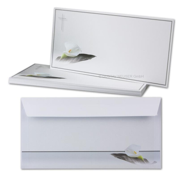 75x Trauerkarten Set mit Umschlag DIN LANG - Motiv Trauerblume - Danksagungskarten Trauer Ohne Fenster - würdevolle Beileidskarte