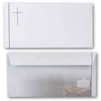 100x Trauerkarten Set mit Umschlag DIN LANG - Motiv Kerzen auf altem Holz  - Danksagungskarten Trauer Ohne Fenster - würdevolle Beileidskarte