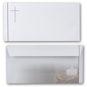 15x Trauerkarten Set mit Umschlag DIN LANG - Motiv Kerzen auf altem Holz  - Danksagungskarten Trauer Ohne Fenster - würdevolle Beileidskarte
