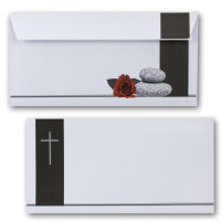 10x Trauerkarten Set mit Umschlag DIN LANG - Motiv Rose, Steine & Trauerkreuz - Danksagungskarten Trauer Ohne Fenster - würdevolle Beileidskarte