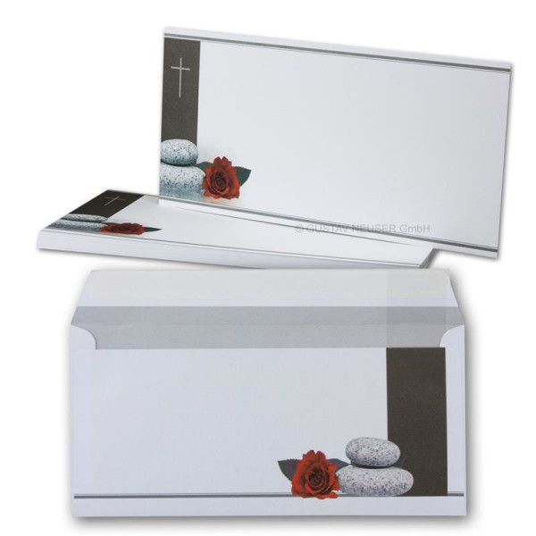 200x Trauerkarten Set mit Umschlag DIN LANG - Motiv Rose, Steine & Trauerkreuz - Danksagungskarten Trauer Ohne Fenster - würdevolle Beileidskarte