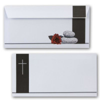 200x Trauerkarten Set mit Umschlag DIN LANG - Motiv Rose, Steine & Trauerkreuz - Danksagungskarten Trauer Ohne Fenster - würdevolle Beileidskarte
