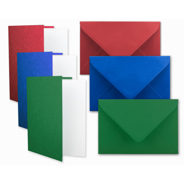 30x Kartenpaket in Rot, Grün und Blau - Faltkarten DIN A6 mit Falz 10,5 x 14,8 cm, Umschläge DIN C6 11,4 x 16.2 cm und Einlegeblatt 10 x 14,3 cm