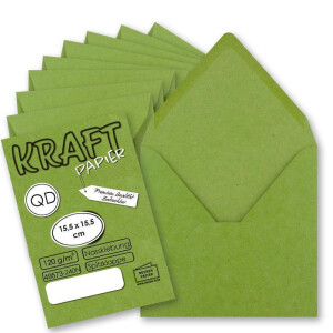 400x Vintage-Umschläge quadratisch aus hellgrünem (grün) Kraftpapier - nachhaltig - 15,5 x 15,5 cm - Nassklebung Spitzklappe - NEUSER PAPIER