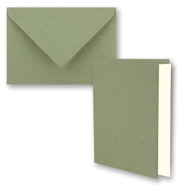 75x grünes Vintage Kraftpapier Falt-Karten SET mit Umschlägen und Einlegern DIN A6 - 10,5 x 14,8 cm - grün - Recycling - blanko