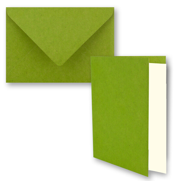 200x hellgrünes Vintage Kraftpapier Falt-Karten SET mit Umschlägen und Einlegern DIN A6 - 10,5 x 14,8 cm - hellgrün - Recycling - blanko