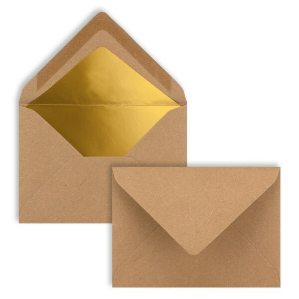 500x kleine Mini-Umschläge aus Kraftpapier in Sandbraun mit Goldfutter - DIN C7 - 8,1 x 11,4 cm - Nassklebung - 120g/m² - kleine Briefumschläge für Gutscheine, Geldgeschenke