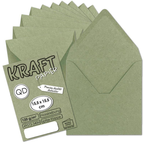 500x Vintage-Umschläge quadratisch aus grünem Kraftpapier - nachhaltig - 15,5 x 15,5 cm - Nassklebung Spitzklappe - NEUSER PAPIER