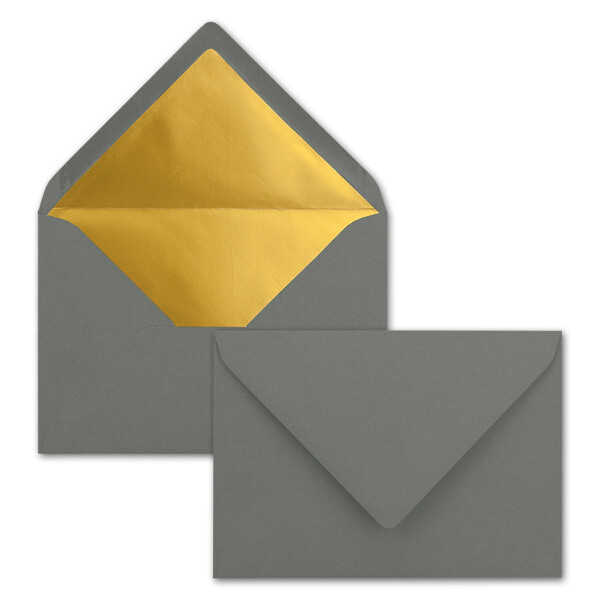 Kuverts in Anthrazit - 200 Stück - Brief-Umschläge DIN C6 - 114 x 162 mm - 11,4 x 16,2 cm - Naßklebung - matte Oberfläche & Gold-Metallic Fütterung - ohne Fenster - für Einladungen