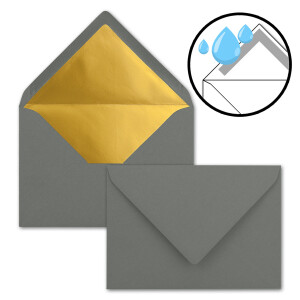 Kuverts in Anthrazit - 200 Stück - Brief-Umschläge DIN C6 - 114 x 162 mm - 11,4 x 16,2 cm - Naßklebung - matte Oberfläche & Gold-Metallic Fütterung - ohne Fenster - für Einladungen