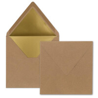 150 quadratische Brief-Umschläge - 15,5 x 15,5 cm, Kraftpapier mit Naturfasern (Braun) - mit Gold-Papier gefüttert - Nassklebung - Vintage-Look