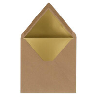 150 quadratische Brief-Umschläge - 15,5 x 15,5 cm, Kraftpapier mit Naturfasern (Braun) - mit Gold-Papier gefüttert - Nassklebung - Vintage-Look
