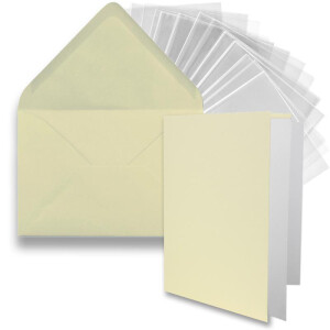 50x DIN B6 Faltkarten-Set - Vanille (Creme) - 11,5 x 17 cm - Doppelkarten mit Umschlägen, Einlegepapier und Cellophanbeutel zum Basteln und Verkaufen
