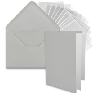 50x DIN B6 Faltkarten-Set - Hellgrau (Grau) - 11,5 x 17 cm - Doppelkarten mit Umschlägen, Einlegepapier und Cellophanbeutel zum Basteln und Verkaufen