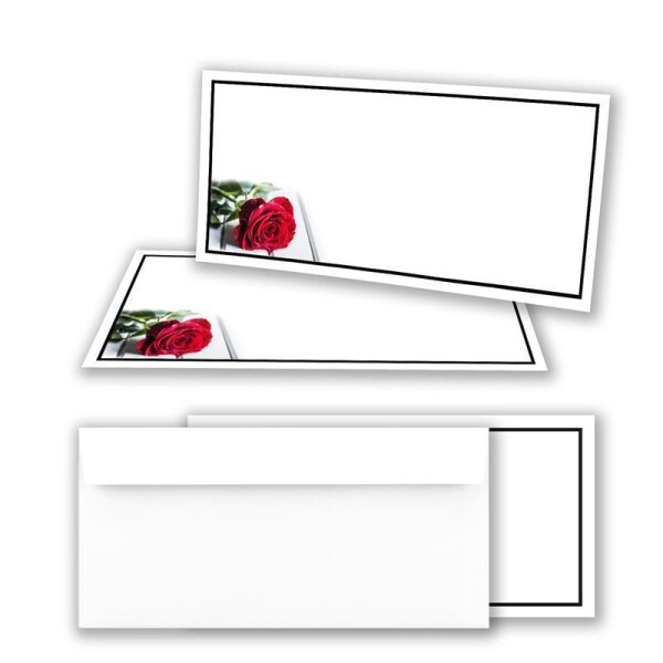 10x Trauerkarten Set mit Umschlag DIN LANG - Motiv schwarzer Trauer-Rahmen mit Stielrose  - Danksagungskarten Trauer Ohne Fenster - würdevolle Beileidskarte